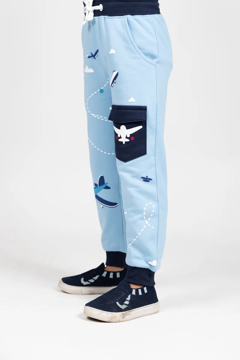 Flyfy Kids airplane pants on model
