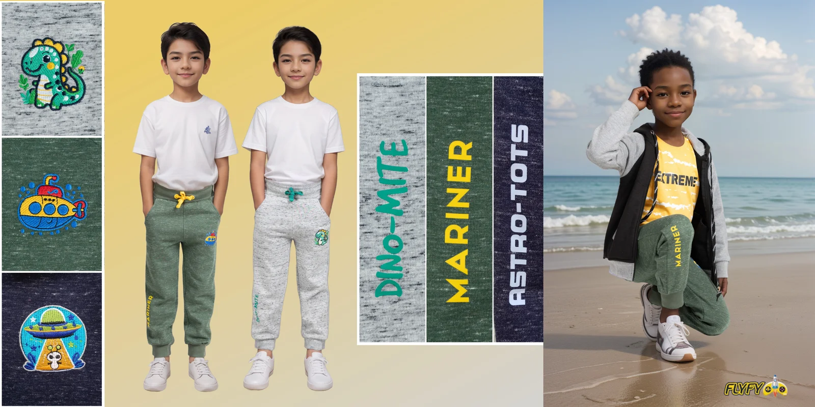 Flyfy Kids collection — Dino-Mite, Mariner & Astro-Tots designs
