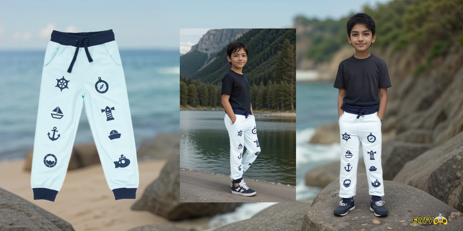 Sailor Blue jogger pants by the seaside