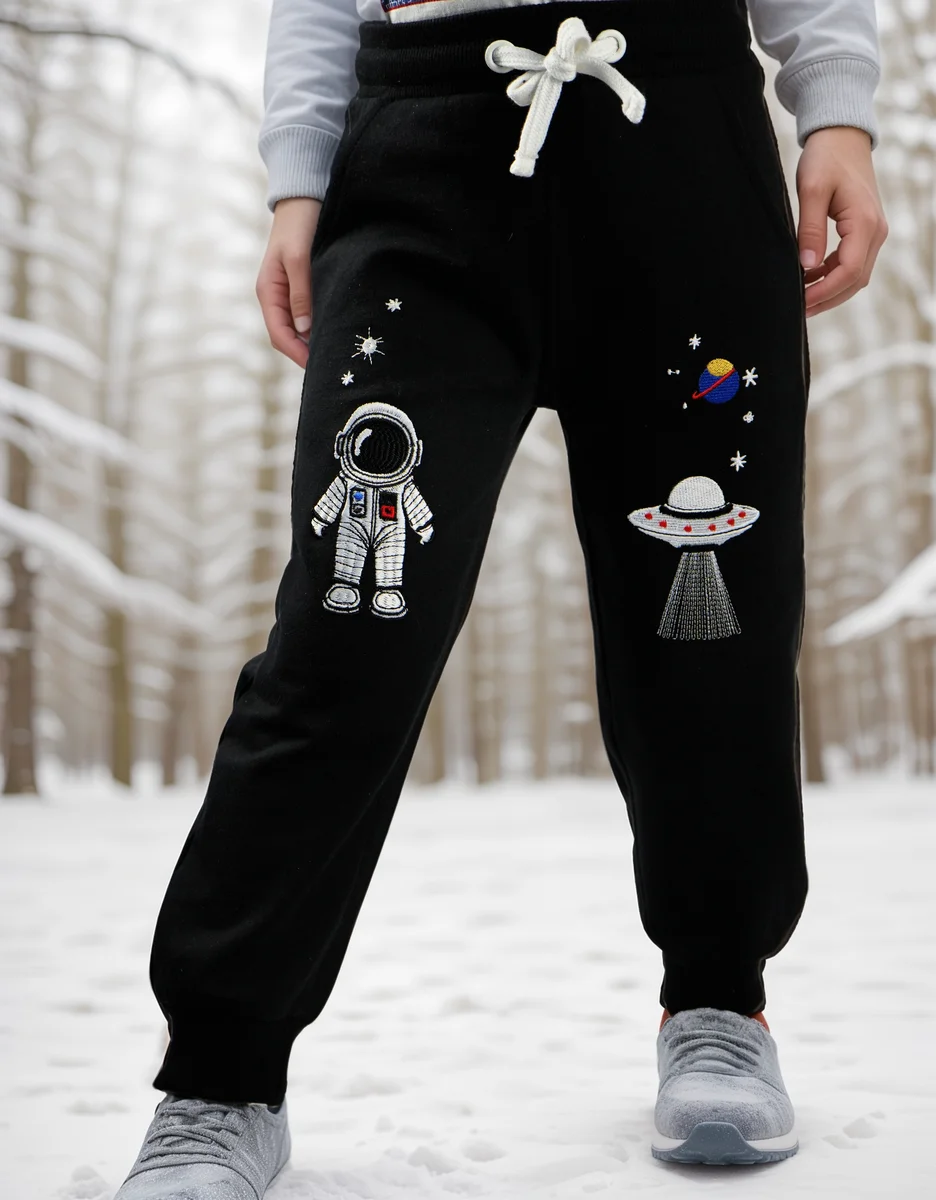 Space pants with astronaut embroidery in snow