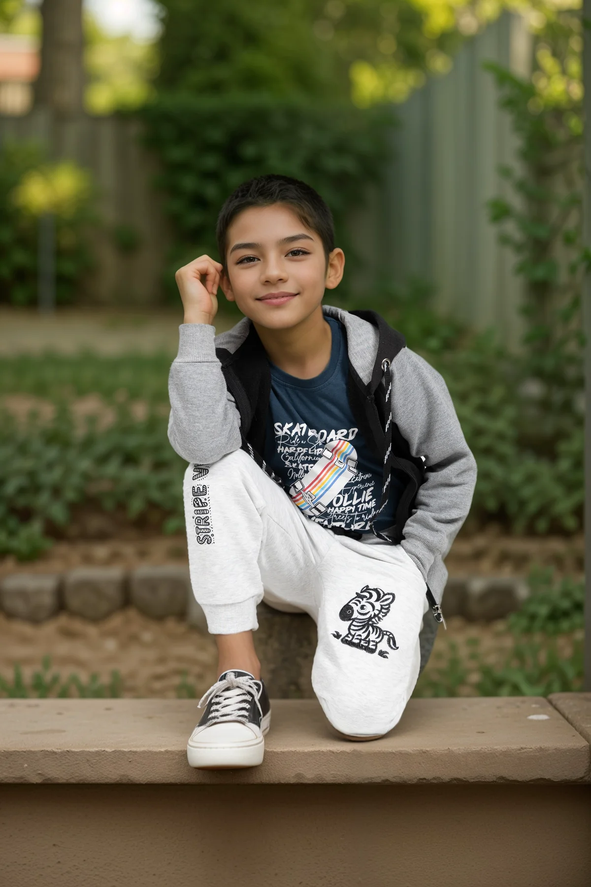 Boy wearing Zebra Stripe pants in garden