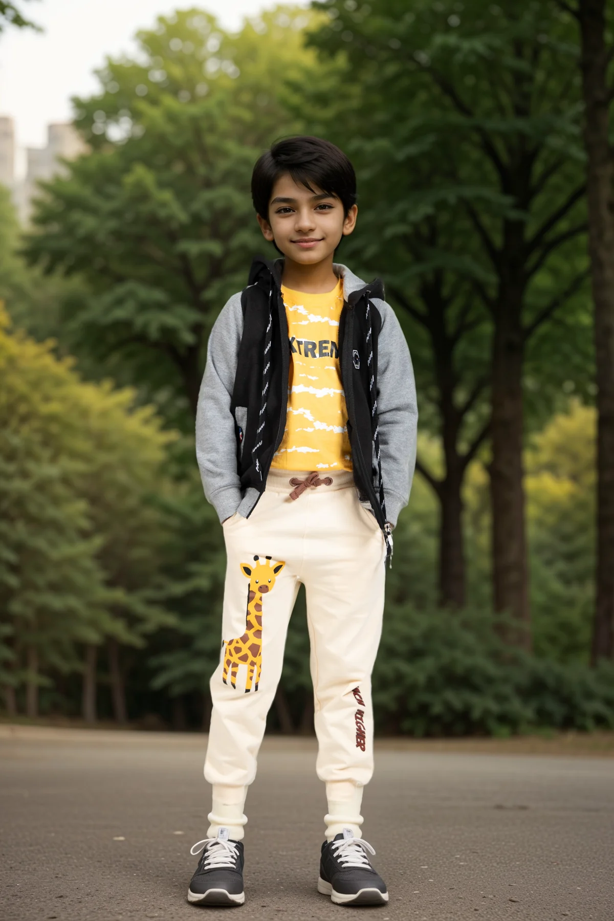 Boy wearing Giraffe Safari pants in the park