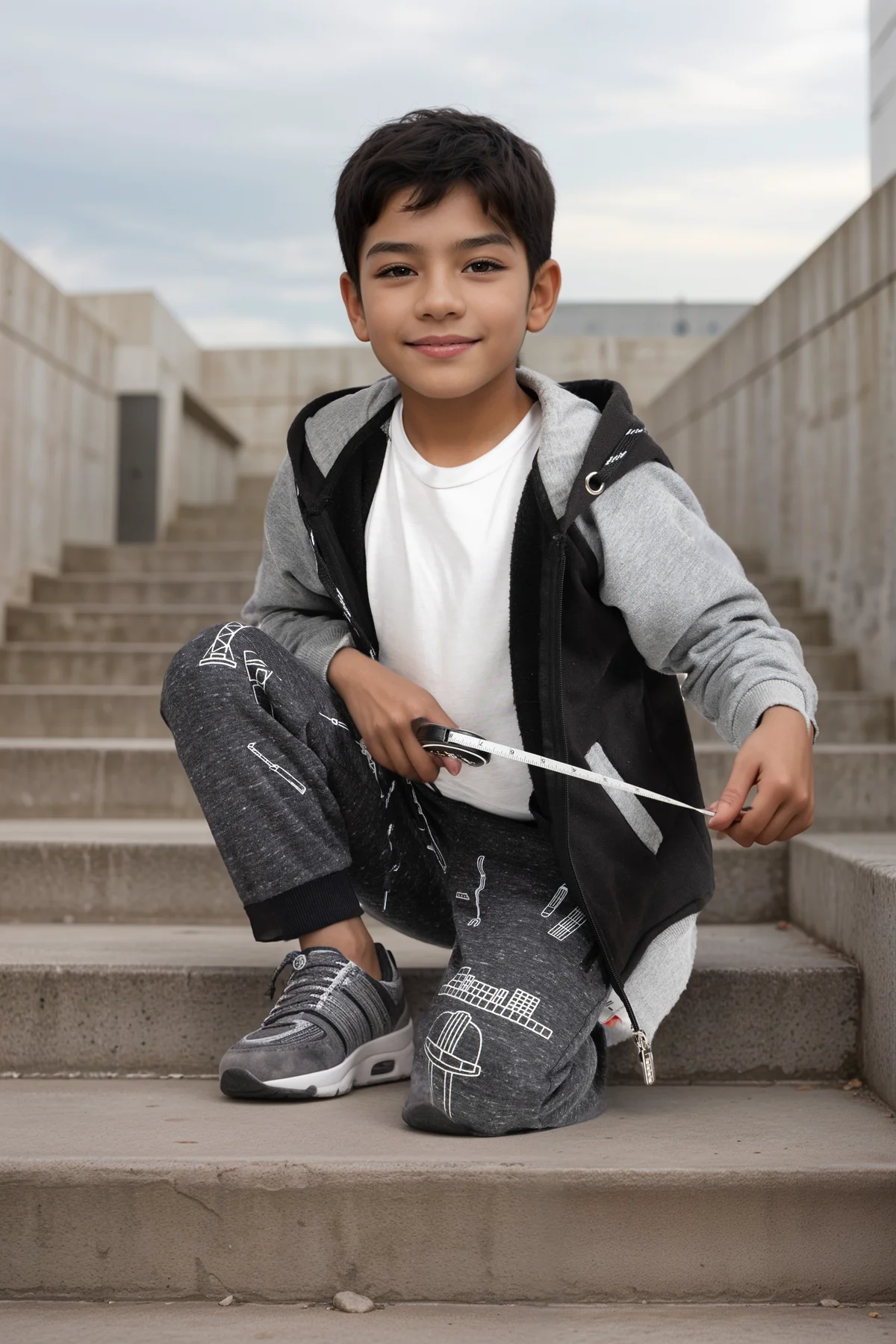 Boy wearing Little Builder pants on stairs