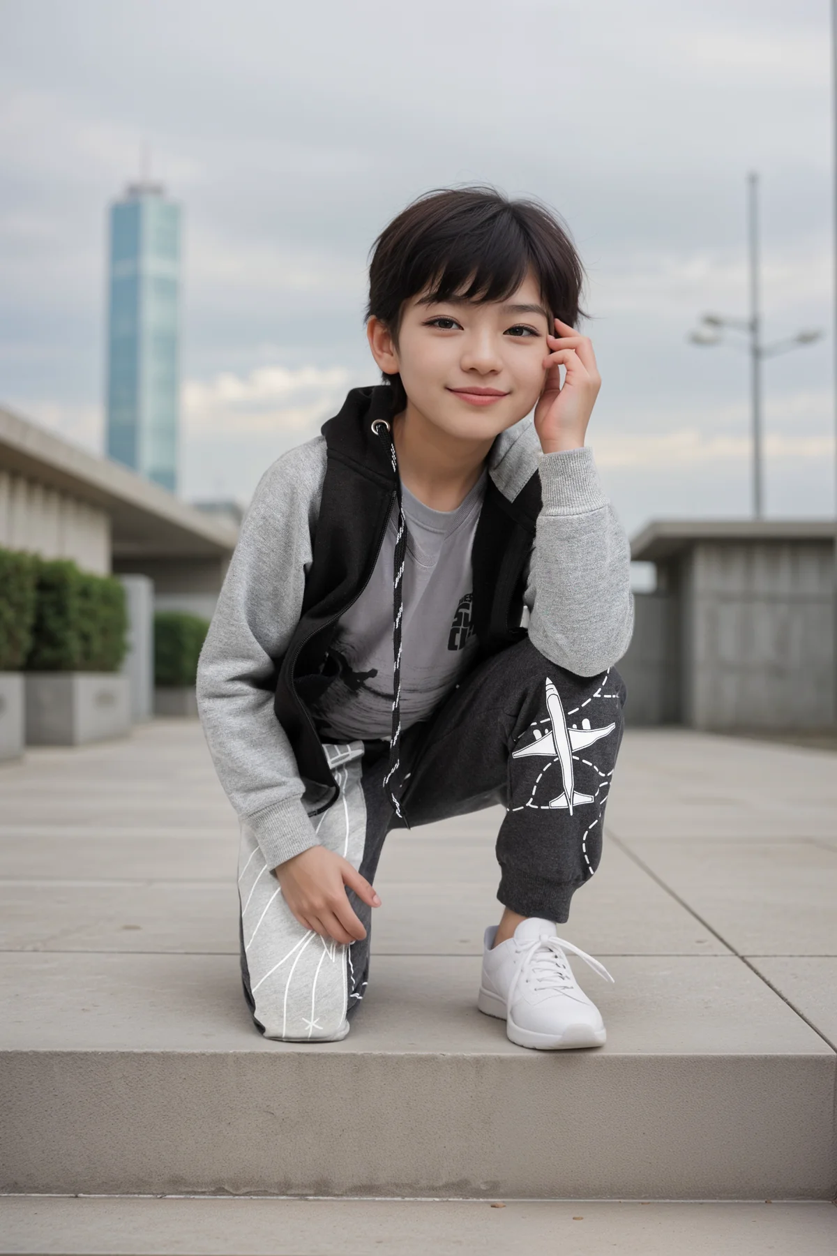Boy wearing Aeroplane pants in urban setting
